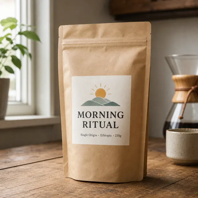 Product photo of a kraft-paper coffee bag on a wooden table, the label reads "MORNING RITUAL" with smaller text "Single Origin · Ethiopia · 250g", soft window light