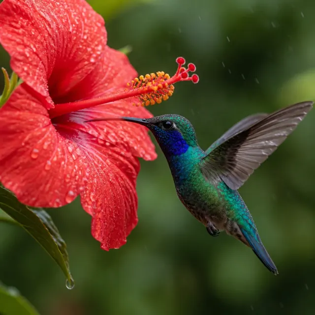 Macro photograph of a hummingbird feeding at a red hibiscus flower, iridescent feathers, water droplets, shallow depth of field