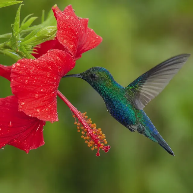 Macro photograph of a hummingbird feeding at a red hibiscus flower, iridescent feathers, water droplets, shallow depth of field