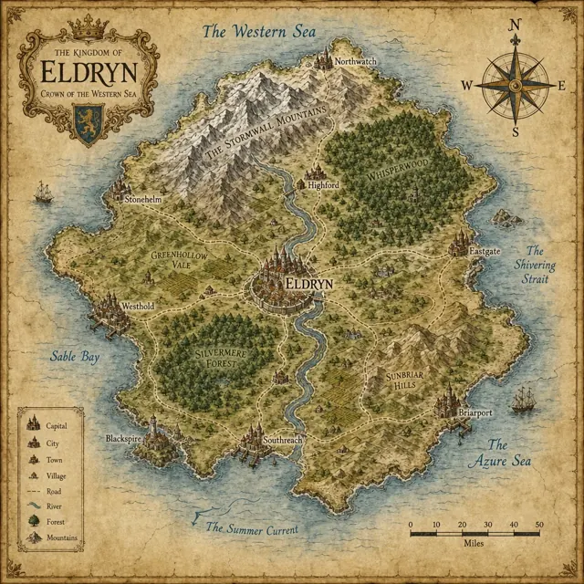 A detailed fantasy map of an island kingdom on parchment, with labeled towns, mountains, forests, a winding river and a compass rose, ink and watercolor