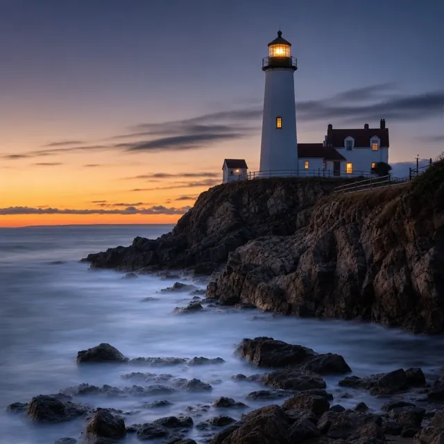 A lighthouse on a rocky coast at dusk, warm window light, long exposure sea, photographic