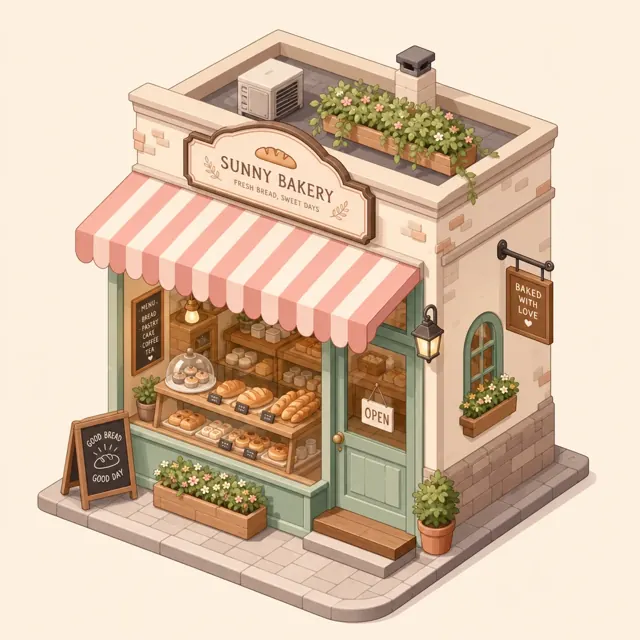 Isometric illustration of a tiny bakery with a striped awning, soft pastel colors