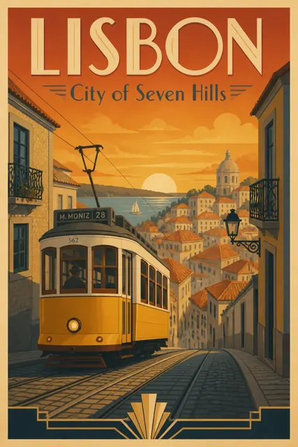 A vintage Art Deco travel poster for LISBON with the headline "LISBON" and the tagline "City of Seven Hills", a yellow tram climbing a steep street, warm sunset palette