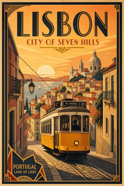 A vintage Art Deco travel poster for LISBON with the headline "LISBON" and the tagline "City of Seven Hills", a yellow tram climbing a steep street, warm sunset palette